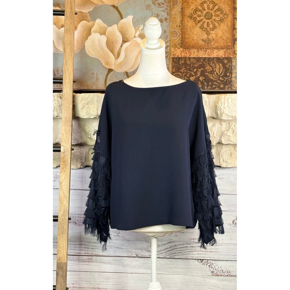 H&M Black Sheer Fringe Polka Dot Sleeve Blouse Top US 10